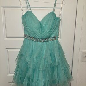 Elegant Aqua Blue Ruffled Dress with Beaded Waist
